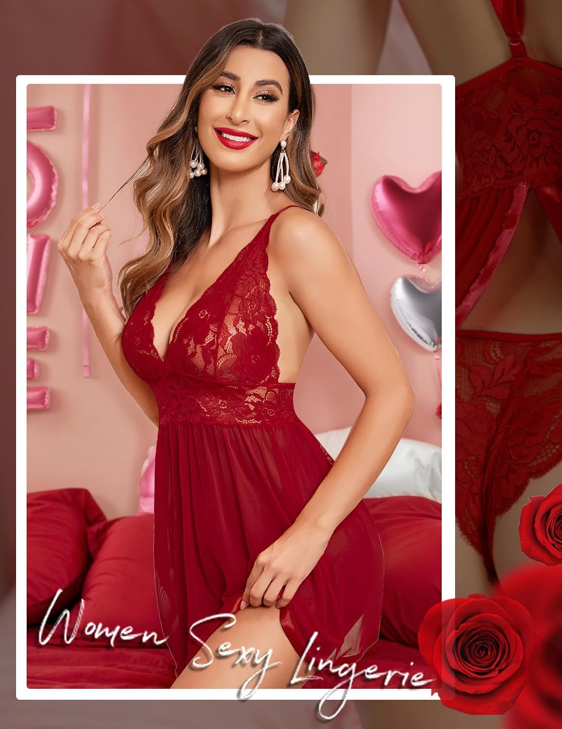Women Lingerie Lace Babydoll Strap Chemise Halter Teddy V Neck Mesh Nightgown