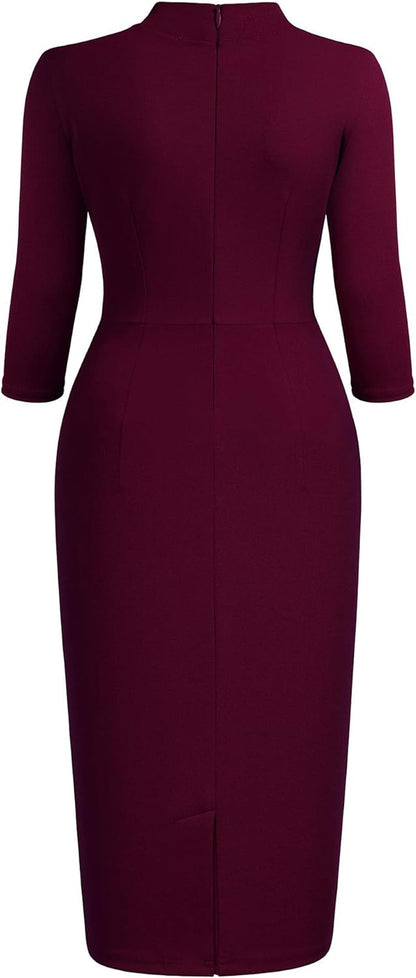 Women'S Retro Half Collar Ruffle 2/3 Sleeve Cocktail Pencil Dress | Vintage Collar Style, Professional Work Dress, Flattering Fit, Stretch Fabric, Funeral, Business Casual, Church