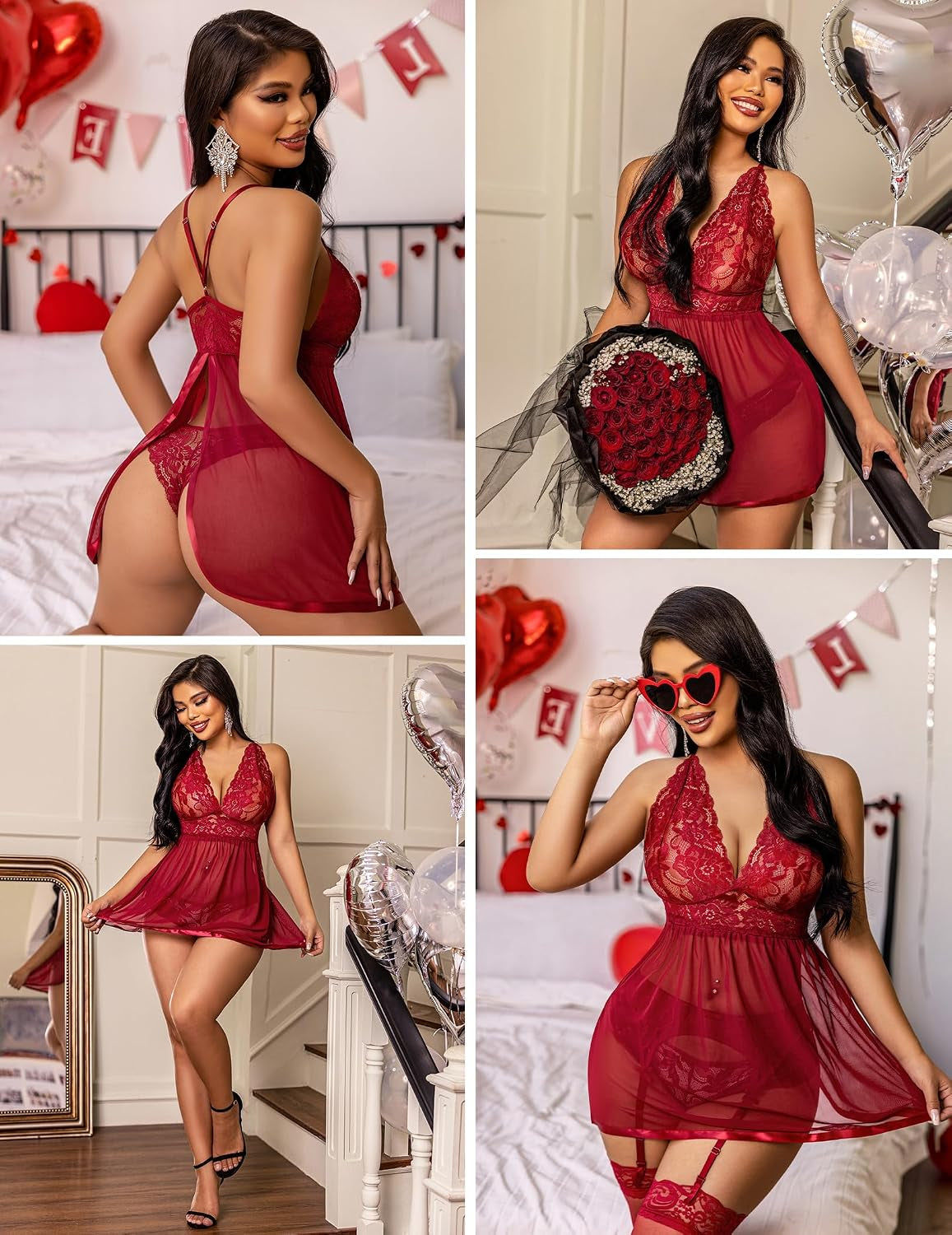 Women Lingerie Lace Babydoll Strap Chemise Halter Teddy V Neck Mesh Nightgown
