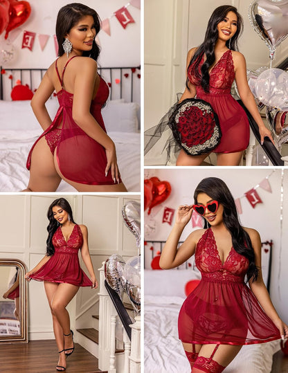 Women Lingerie Lace Babydoll Strap Chemise Halter Teddy V Neck Mesh Nightgown