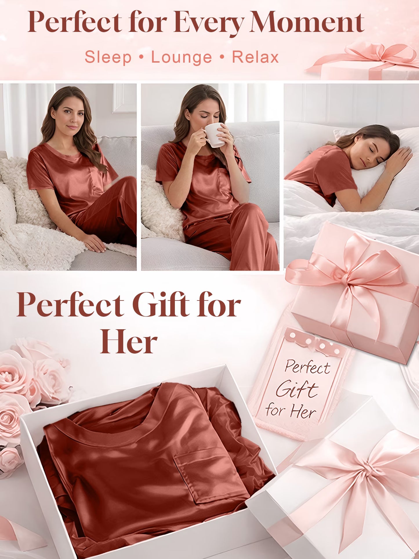 Womens Silk Satin Pajama Set Short Sleeve Shirt with Long Pajamas Pant Set Two-Piece Pj Sets Soft Sleepwear Loungewear Nightwear Pjs S-XXL, Caramel, XXL
