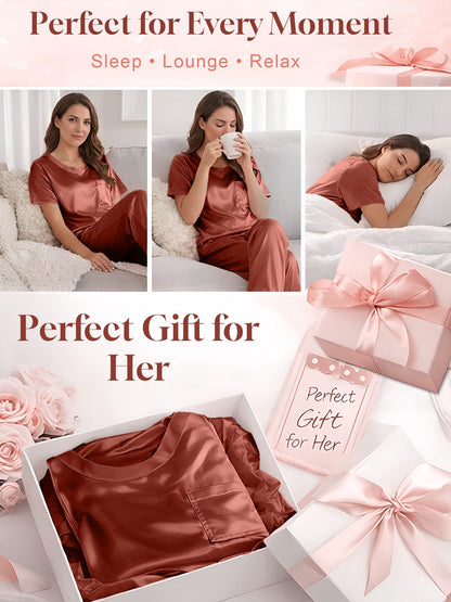 Womens Silk Satin Pajama Set Short Sleeve Shirt with Long Pajamas Pant Set Two-Piece Pj Sets Soft Sleepwear Loungewear Nightwear Pjs S-XXL, Caramel, XXL