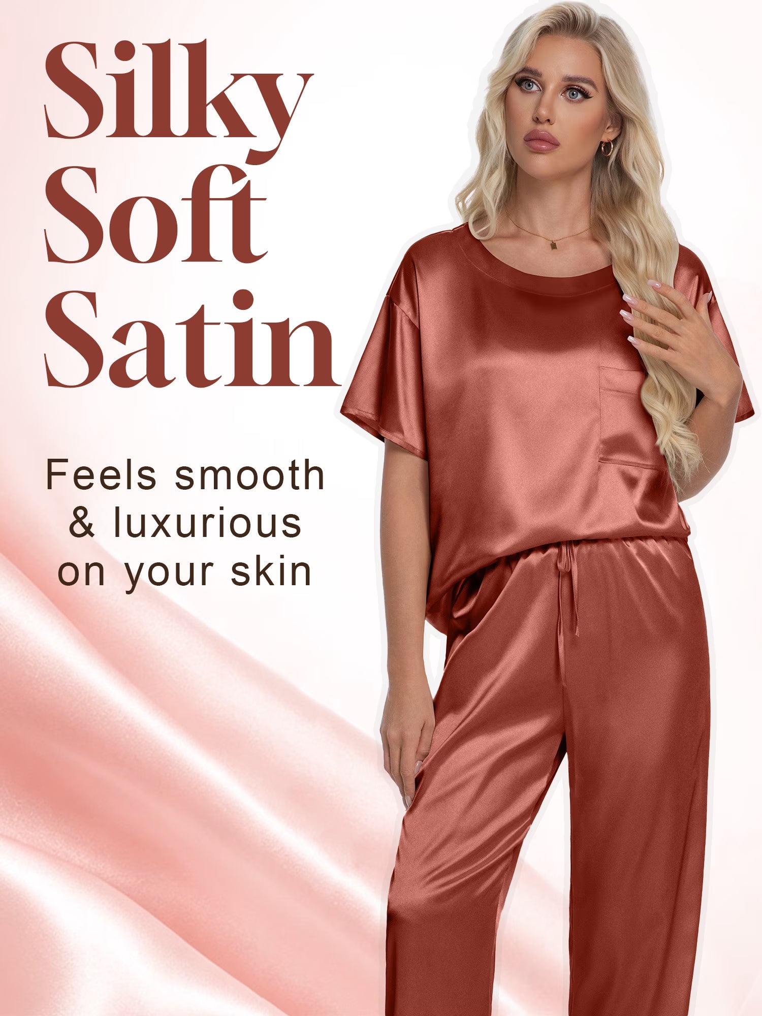 Womens Silk Satin Pajama Set Short Sleeve Shirt with Long Pajamas Pant Set Two-Piece Pj Sets Soft Sleepwear Loungewear Nightwear Pjs S-XXL, Caramel, XXL