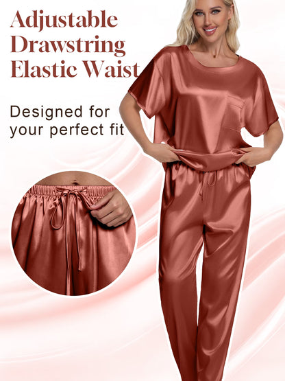 Womens Silk Satin Pajama Set Short Sleeve Shirt with Long Pajamas Pant Set Two-Piece Pj Sets Soft Sleepwear Loungewear Nightwear Pjs S-XXL, Caramel, XXL