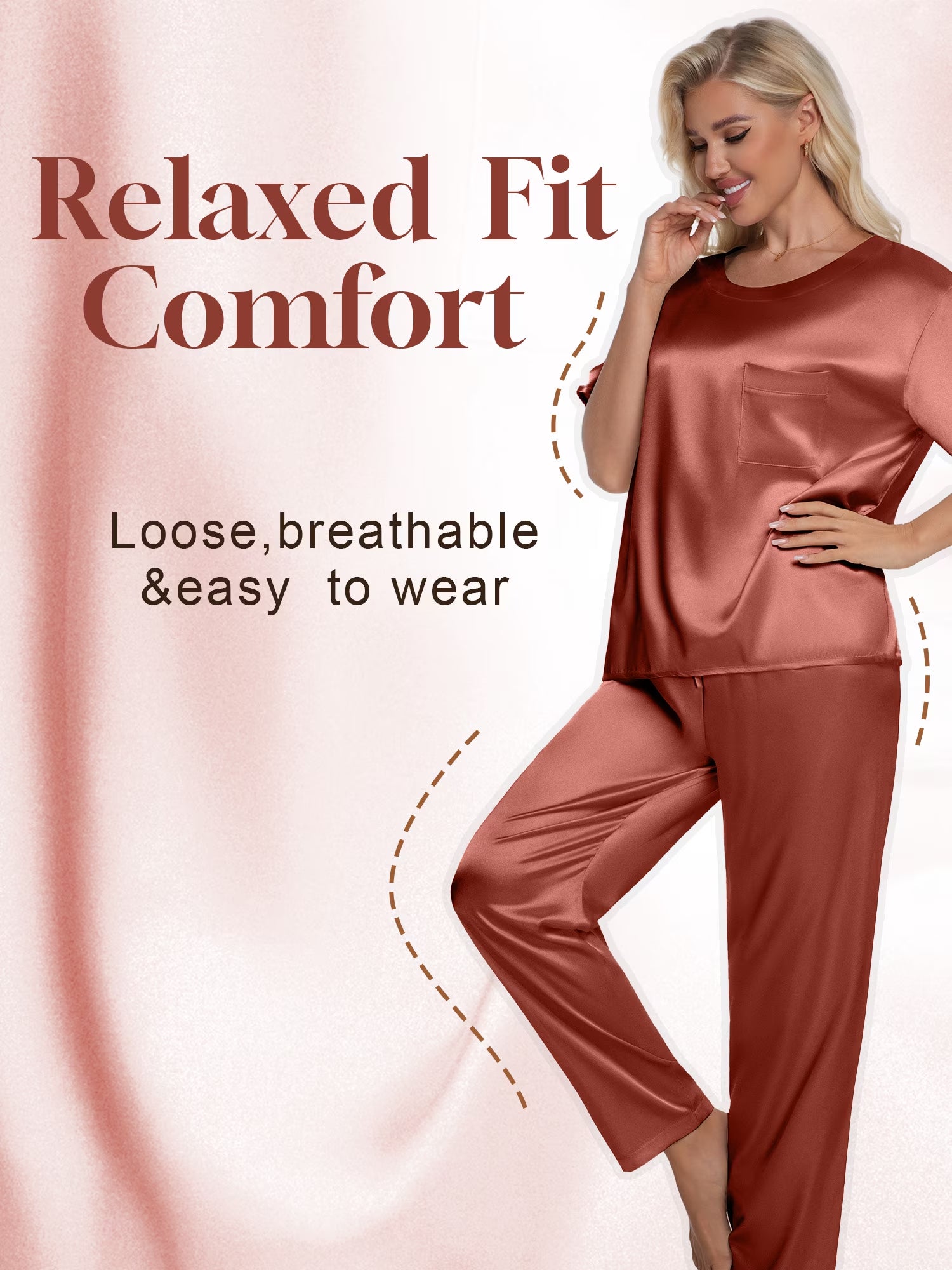 Womens Silk Satin Pajama Set Short Sleeve Shirt with Long Pajamas Pant Set Two-Piece Pj Sets Soft Sleepwear Loungewear Nightwear Pjs S-XXL, Caramel, XXL