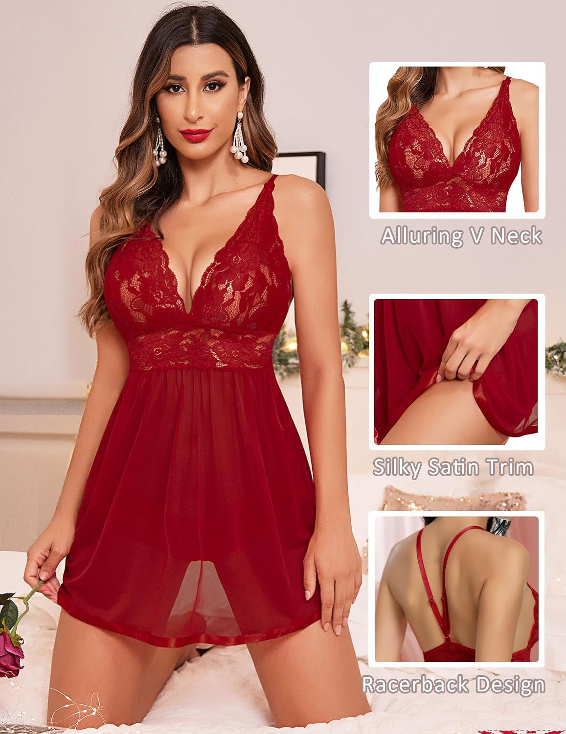 Women Lingerie Lace Babydoll Strap Chemise Halter Teddy V Neck Mesh Nightgown